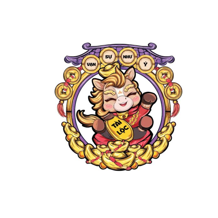 Vector chú ngựa chibi đáng yêu ôm biển Tài Lộc, xung quanh là tiền vàng và dòng chữ Vạn Sự Như Ý, thiết kế hoạt hình rực rỡ cho Tết Nguyên Đán.