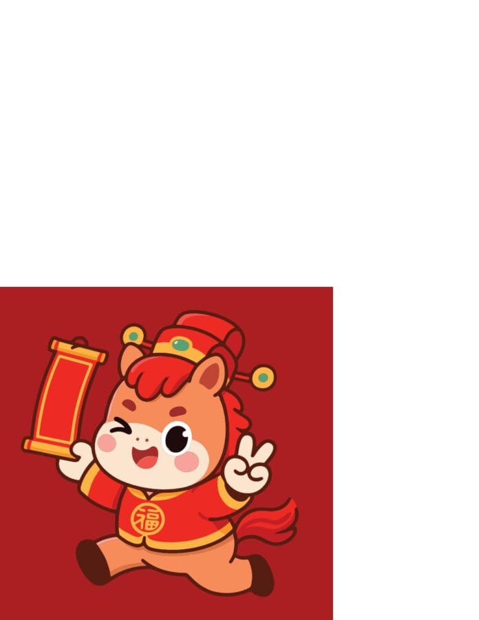Nhân vật chibi ngựa đáng yêu chúc mừng năm mới với chữ Phúc trên ngực, cầm cuộn giấy và tạo dáng hòa bình, phong cách vector Tết.