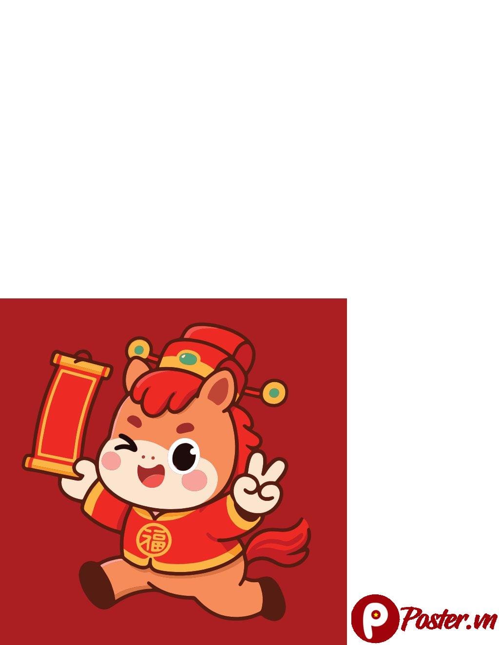 Nhân vật chibi ngựa đáng yêu chúc mừng năm mới với chữ Phúc trên ngực, cầm cuộn giấy và tạo dáng hòa bình, phong cách vector Tết.