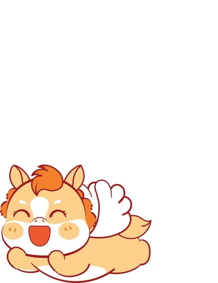 Vector nhân vật chibi ngựa pony/kỳ lân đáng yêu màu vàng cam, cười rạng rỡ, mắt nhắm nghiền với đôi cánh trắng trên nền trắng.