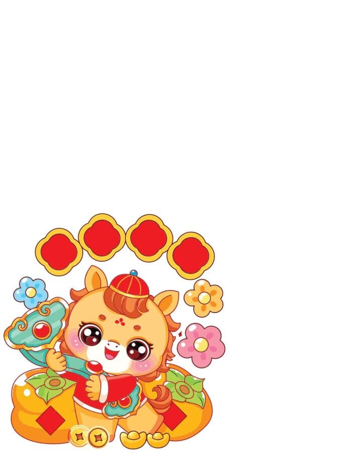 Vector Chibi Tài Lộc EPS với nhân vật kỳ lân/ngựa con đáng yêu, đội mũ quan, ôm gậy như ý, bao quanh bởi túi tiền và thỏi vàng, mang ý nghĩa may mắn và thịnh vượng cho Tết Nguyên Đán trên nền trắng.