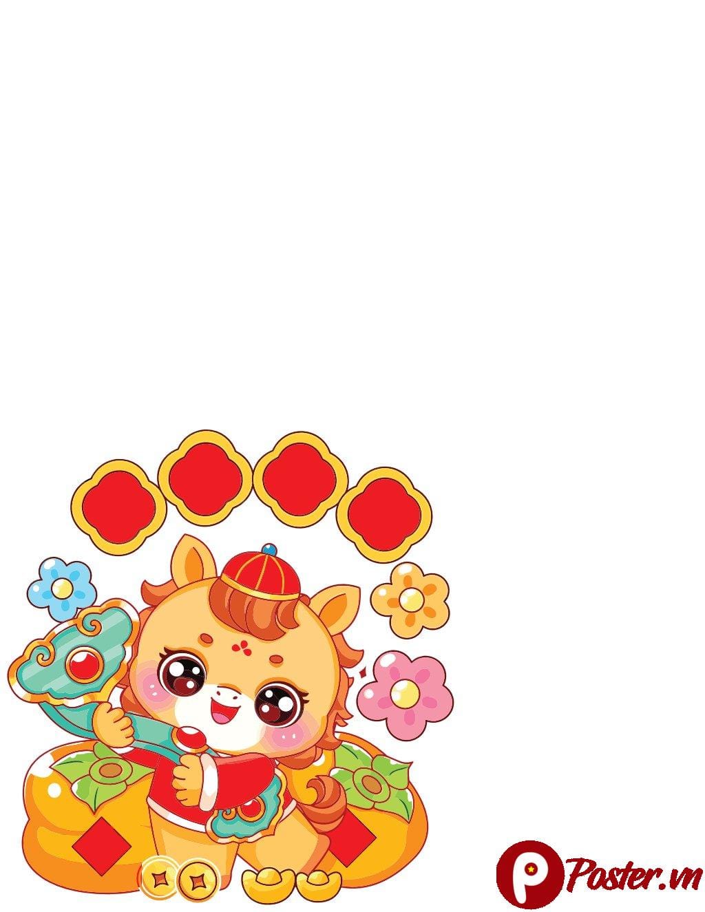 Vector Chibi Tài Lộc EPS với nhân vật kỳ lân/ngựa con đáng yêu, đội mũ quan, ôm gậy như ý, bao quanh bởi túi tiền và thỏi vàng, mang ý nghĩa may mắn và thịnh vượng cho Tết Nguyên Đán trên nền trắng.