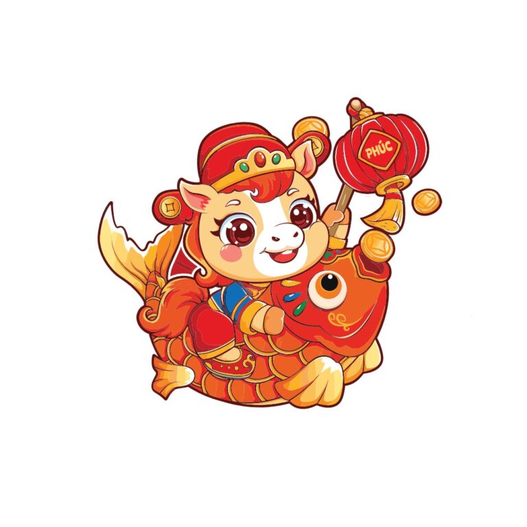Vector chibi Tết 2025 với linh vật đáng yêu cưỡi cá chép, cầm lồng đèn chữ Phúc và đồng xu vàng, nền đỏ rực rỡ, phong cách hoạt hình vui tươi.