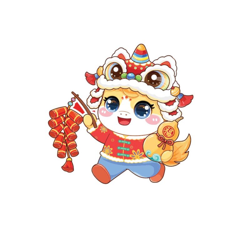 Vector nhân vật chibi thần thoại đáng yêu cầm pháo và hồ lô chữ Phúc, chủ đề Tết Nguyên Đán trên nền trắng, màu sắc tươi sáng