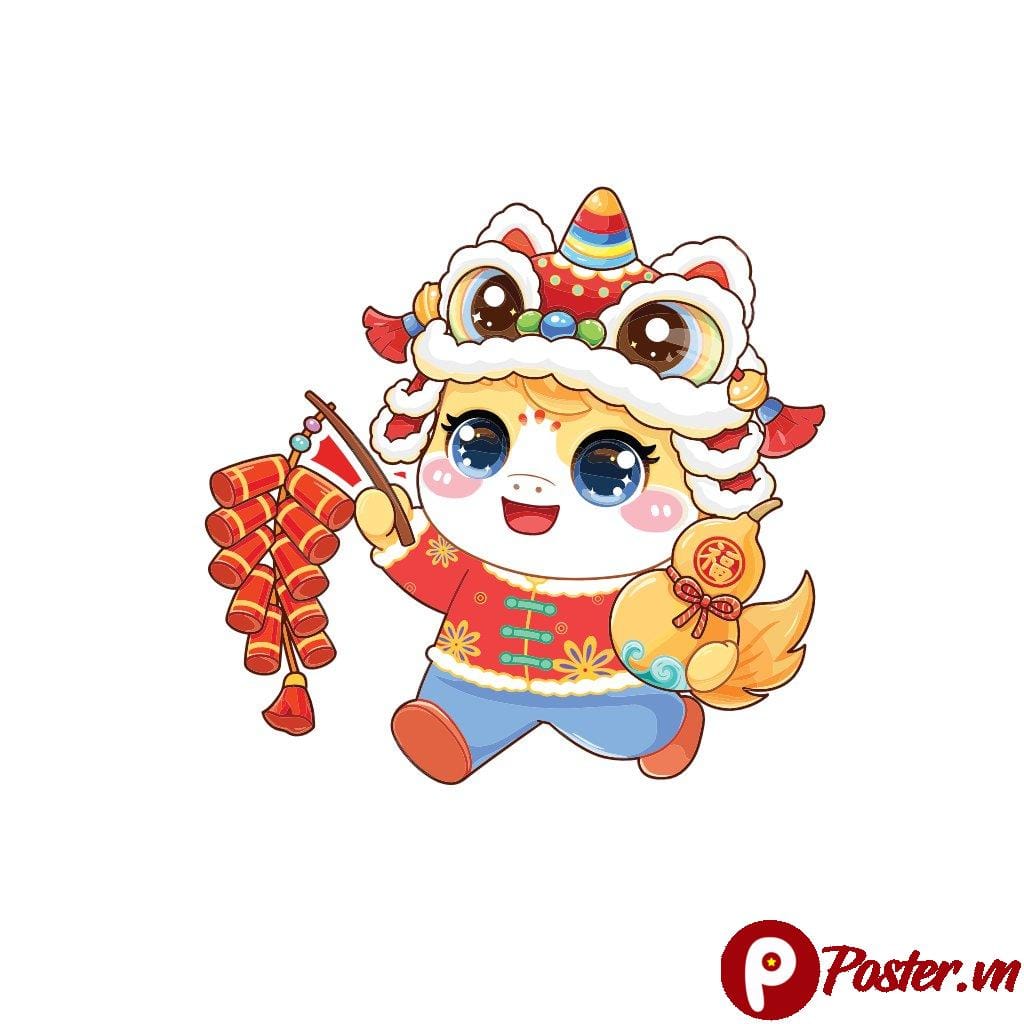 Vector nhân vật chibi thần thoại đáng yêu cầm pháo và hồ lô chữ Phúc, chủ đề Tết Nguyên Đán trên nền trắng, màu sắc tươi sáng