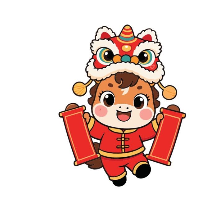 Vector chibi ngựa đáng yêu đội đầu lân, mặc áo đỏ truyền thống, cầm câu đối chúc Tết vui vẻ, nền trắng