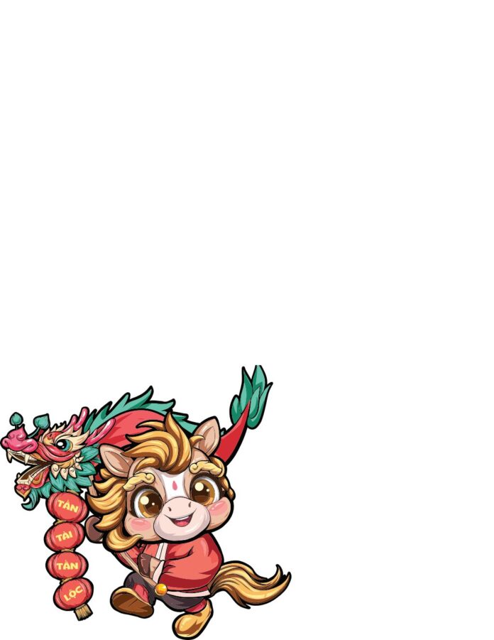 Vector chibi Tết: Ngựa lân mặc áo dài đỏ, rồng múa lân, đèn lồng TÂN TÀI LỘC trên nền trắng, mang không khí lễ hội vui tươi.