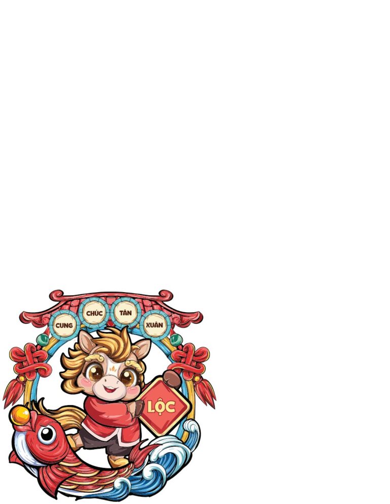 Vector chibi tết nguyên đán với chú ngựa con đáng yêu ôm chữ Lộc, cá chép hóa rồng và khung trang trí Cung Chúc Tân Xuân rực rỡ sắc đỏ vàng.