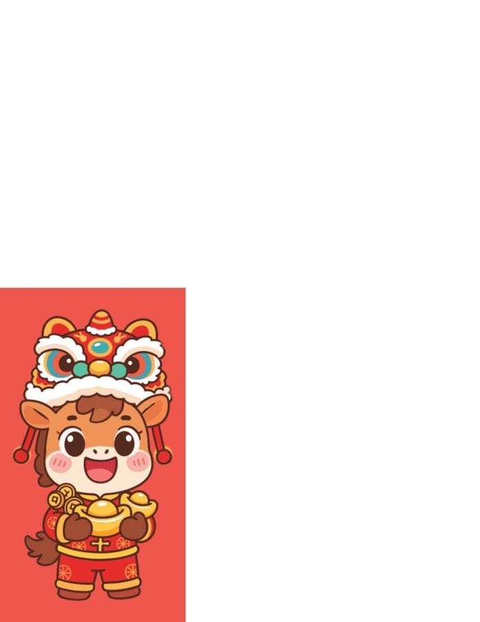 Linh vật hoạt hình chibi dễ thương đội mũ múa lân ôm thỏi vàng và đồng xu trên nền đỏ mừng Tết Nguyên Đán