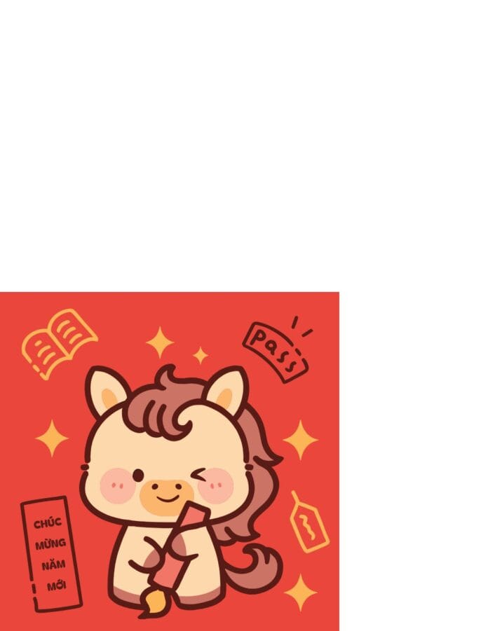 Hình ảnh vector Chúc Mừng Năm Mới với linh vật ngựa con chibi màu be, nền đỏ rực rỡ, sao vàng lấp lánh và chữ 'CHÚC MỪNG NĂM MỚI' vui tươi, thích hợp cho thiết kế Tết.