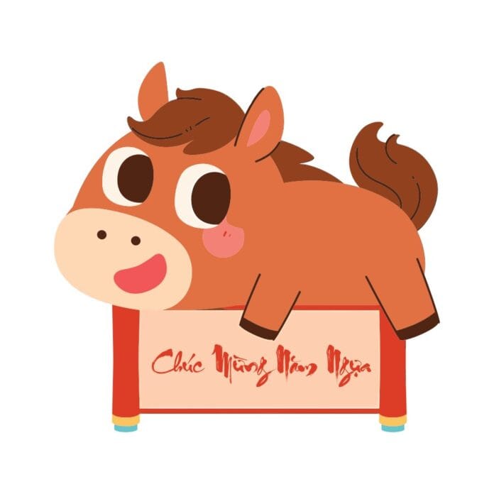 Vector ngựa hoạt hình màu nâu cam đáng yêu nằm trên biểu ngữ hồng cam chúc mừng năm mới