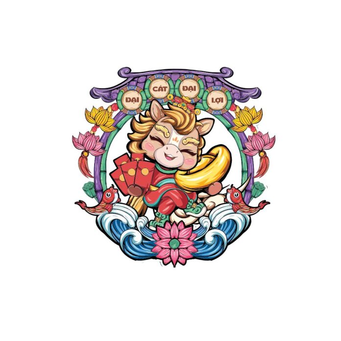 Vector chúc Tết Cát Đại Lợi hình ngựa chibi ôm lì xì thỏi vàng, phong cách hoạt hình đáng yêu