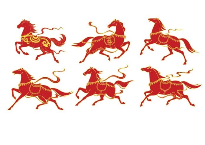 Bộ 6 hình minh họa vector con ngựa màu đỏ viền vàng, họa tiết trang trí tết truyền thống