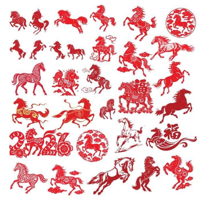 Bộ sưu tập vector con ngựa đỏ phong cách cắt giấy trang trí Tết 2026