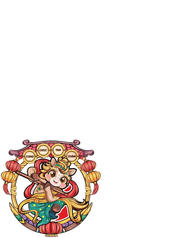 Thiết kế vector Cung Chúc Tân Xuân phong cách chibi với chú ngựa thần bay lượn, đèn lồng và họa tiết truyền thống Á Đông.