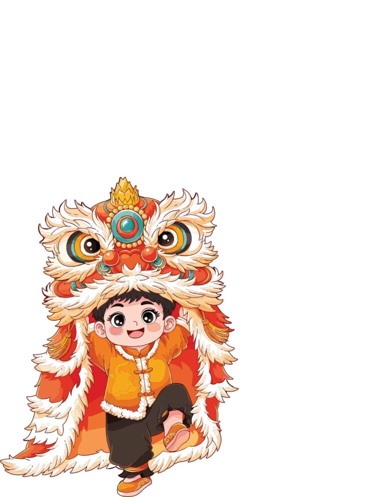 Vector đầu lân chibi đáng yêu với cậu bé múa lân, trang phục truyền thống, sắc màu lễ hội Á Đông, thiết kế hoạt hình tươi vui