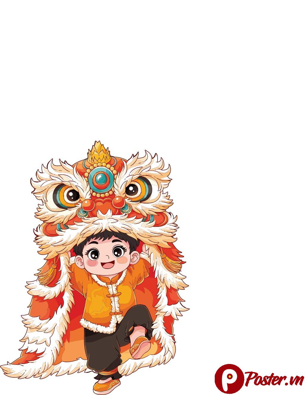 Vector đầu lân chibi đáng yêu với cậu bé múa lân, trang phục truyền thống, sắc màu lễ hội Á Đông, thiết kế hoạt hình tươi vui