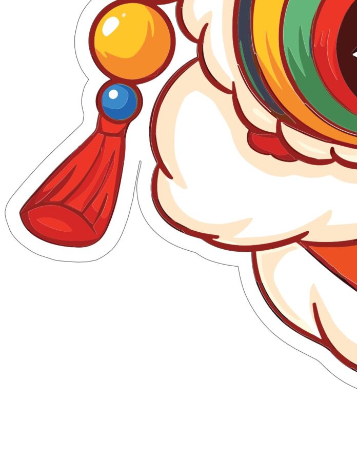 Vector đầu lân hoạt hình rực rỡ, chi tiết tua rua và mắt lân trong thiết kế lễ hội truyền thống Á Đông, phong cách dễ thương.