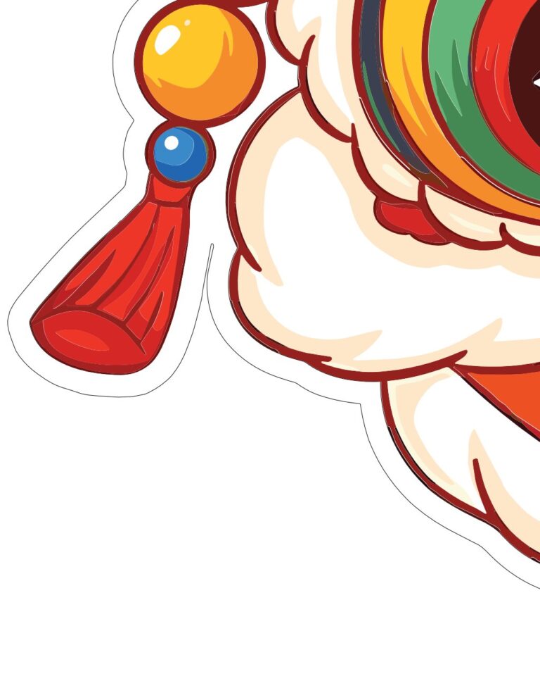 Vector đầu lân hoạt hình rực rỡ, chi tiết tua rua và mắt lân trong thiết kế lễ hội truyền thống Á Đông, phong cách dễ thương.