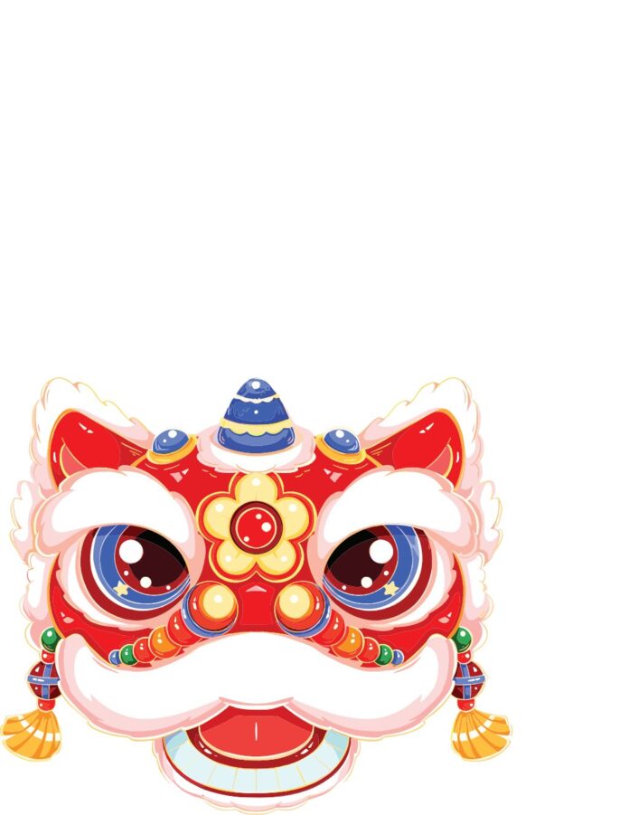 Hình vector đầu lân hoạt hình chibi đáng yêu màu đỏ rực rỡ, mắt xanh, ria trắng, hoa văn vàng và chuỗi hạt trang trí cho dịp Tết.