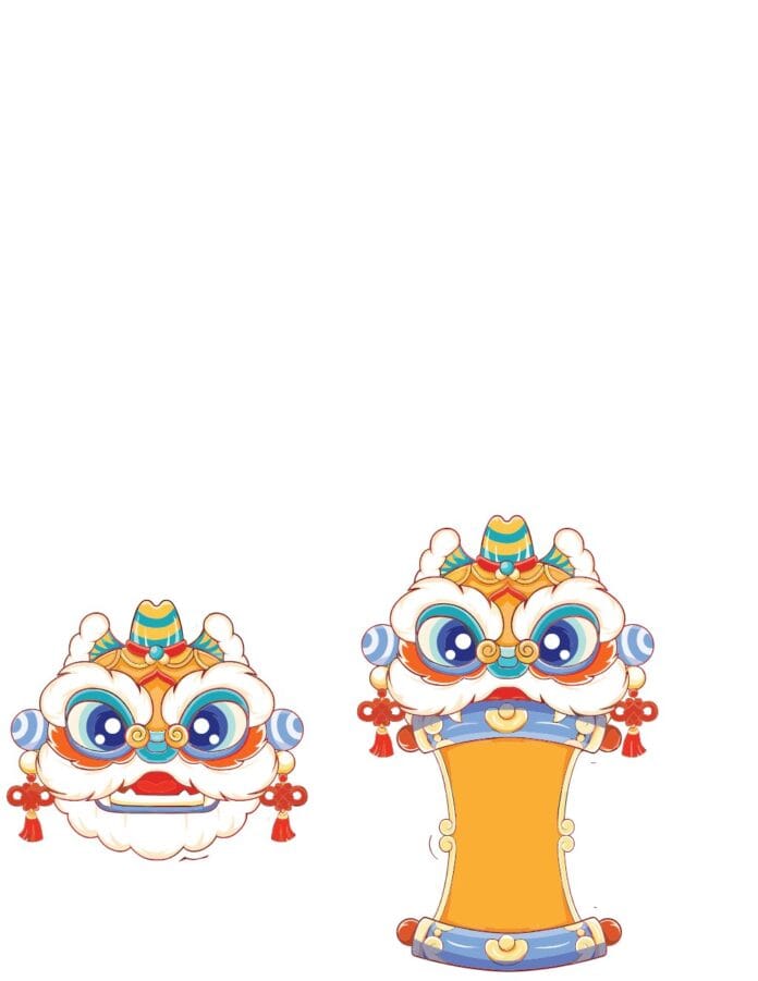 Hai đầu lân hoạt hình đáng yêu, rực rỡ sắc màu, phong cách hoạt hình cho Tết