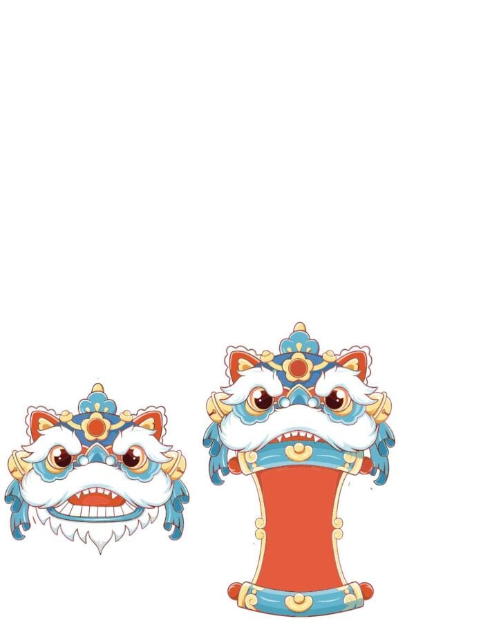 Hai đầu múa lân hoạt hình dễ thương màu đỏ, xanh, vàng cho thiết kế Tết và lễ hội