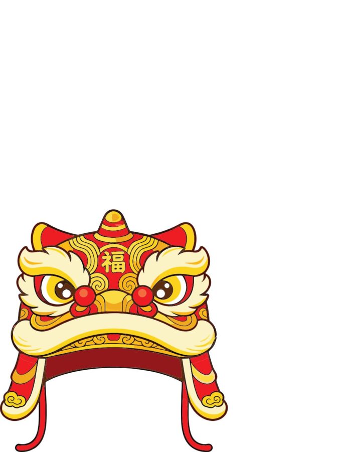 Vector đầu lân hoạt hình đỏ vàng, có chữ Phúc, biểu tượng may mắn cho Tết