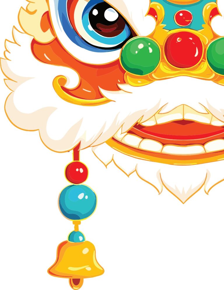 Vector đầu lân hoạt hình hiện đại, màu sắc rực rỡ, chi tiết cho thiết kế Tết Nguyên Đán và lễ hội