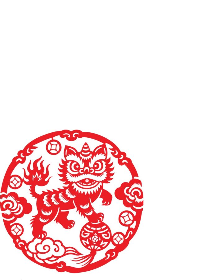 Vector đầu lân may mắn phong cách cắt giấy màu đỏ trên nền trắng với họa tiết đồng tiền và mây lành, quả cầu may mắn và đuôi lửa sống động.