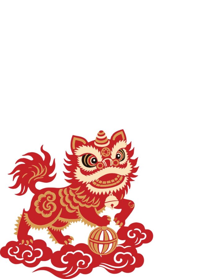 Vector Đầu Lân Tết phong cách cắt giấy màu đỏ vàng rực rỡ