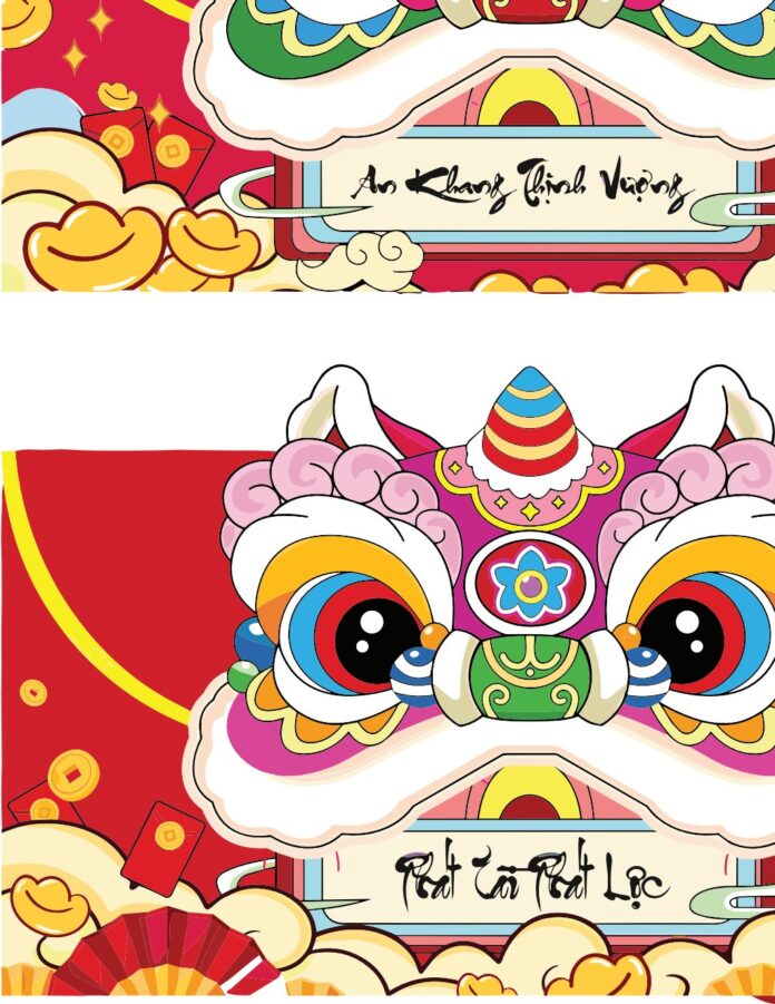 Vector đầu lân Tết hoạt hình vui nhộn với chữ An Khang Thịnh Vượng và Phát Tài Phát Lộc, màu sắc rực rỡ, định dạng EPS.