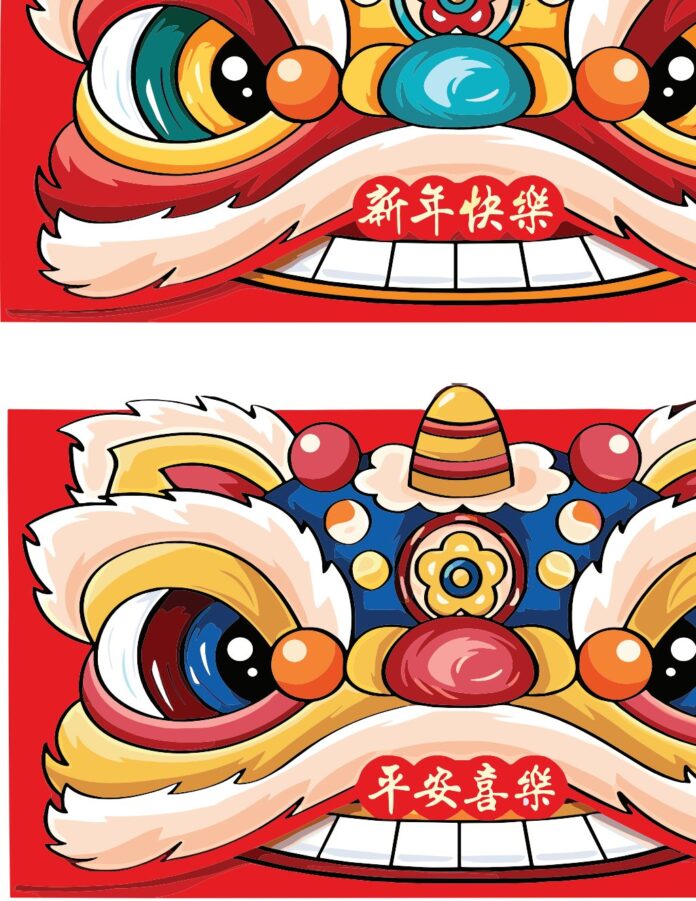 Vector Đầu Lân Tết hoạt hình sắc nét với màu đỏ chủ đạo, đôi mắt to tròn và thông điệp 'Chúc mừng năm mới', 'Bình an vui vẻ' bằng tiếng Trung, định dạng EPS.