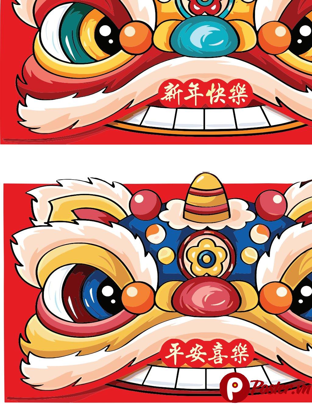 Vector Đầu Lân Tết hoạt hình sắc nét với màu đỏ chủ đạo, đôi mắt to tròn và thông điệp 'Chúc mừng năm mới', 'Bình an vui vẻ' bằng tiếng Trung, định dạng EPS.