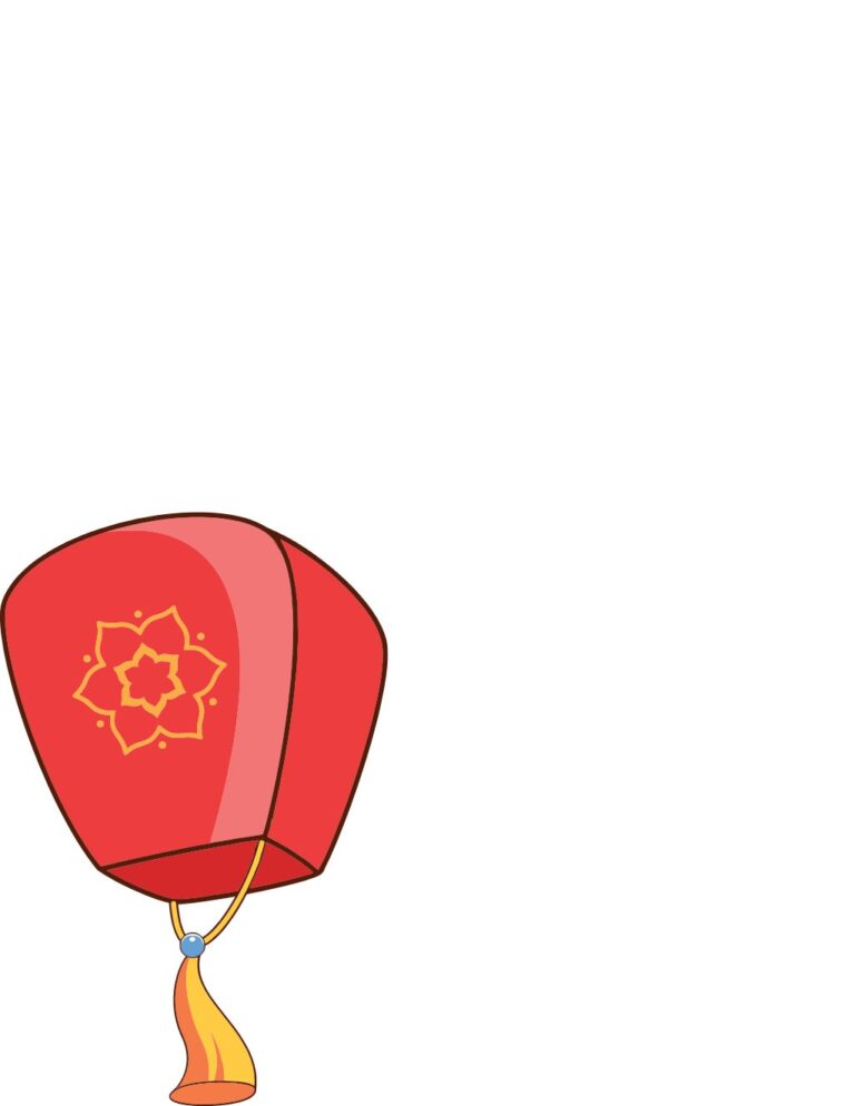 Vector đèn lồng đỏ phong cách hoạt hình với họa tiết hoa vàng và tua rua cam, nền trắng cho thiết kế Tết.