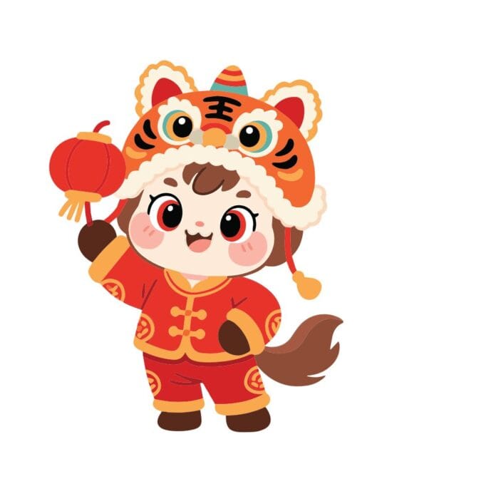 Em bé chibi đáng yêu đội mũ hổ, cầm đèn lồng đỏ mừng Tết, file vector AI.