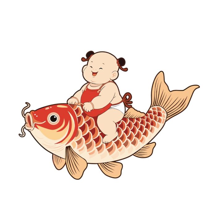 Vector em bé cưỡi cá chép