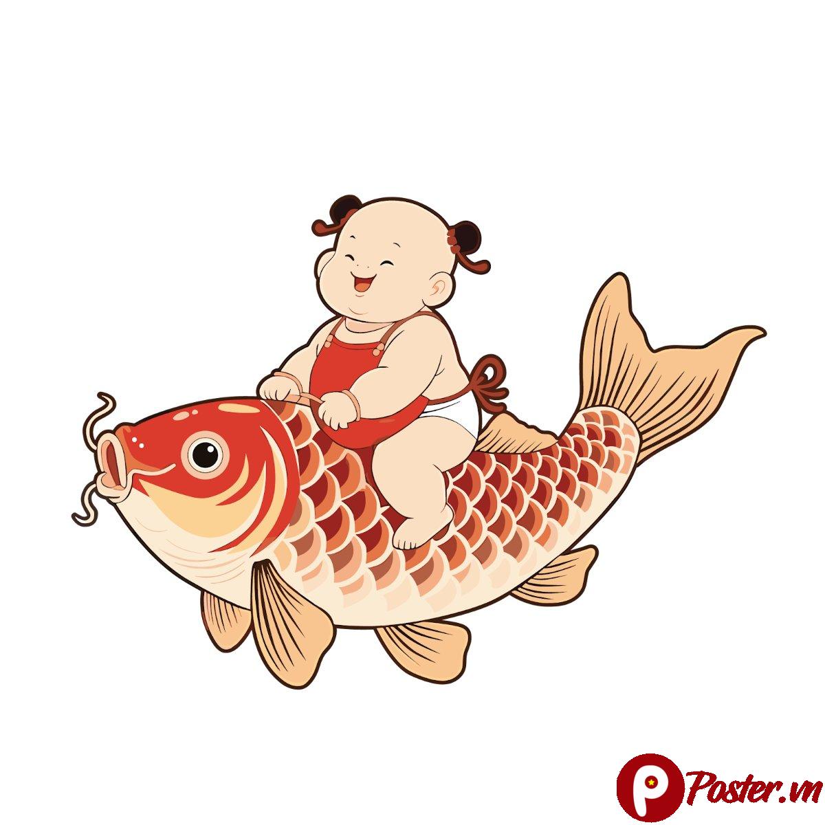 Vector em bé cưỡi cá chép