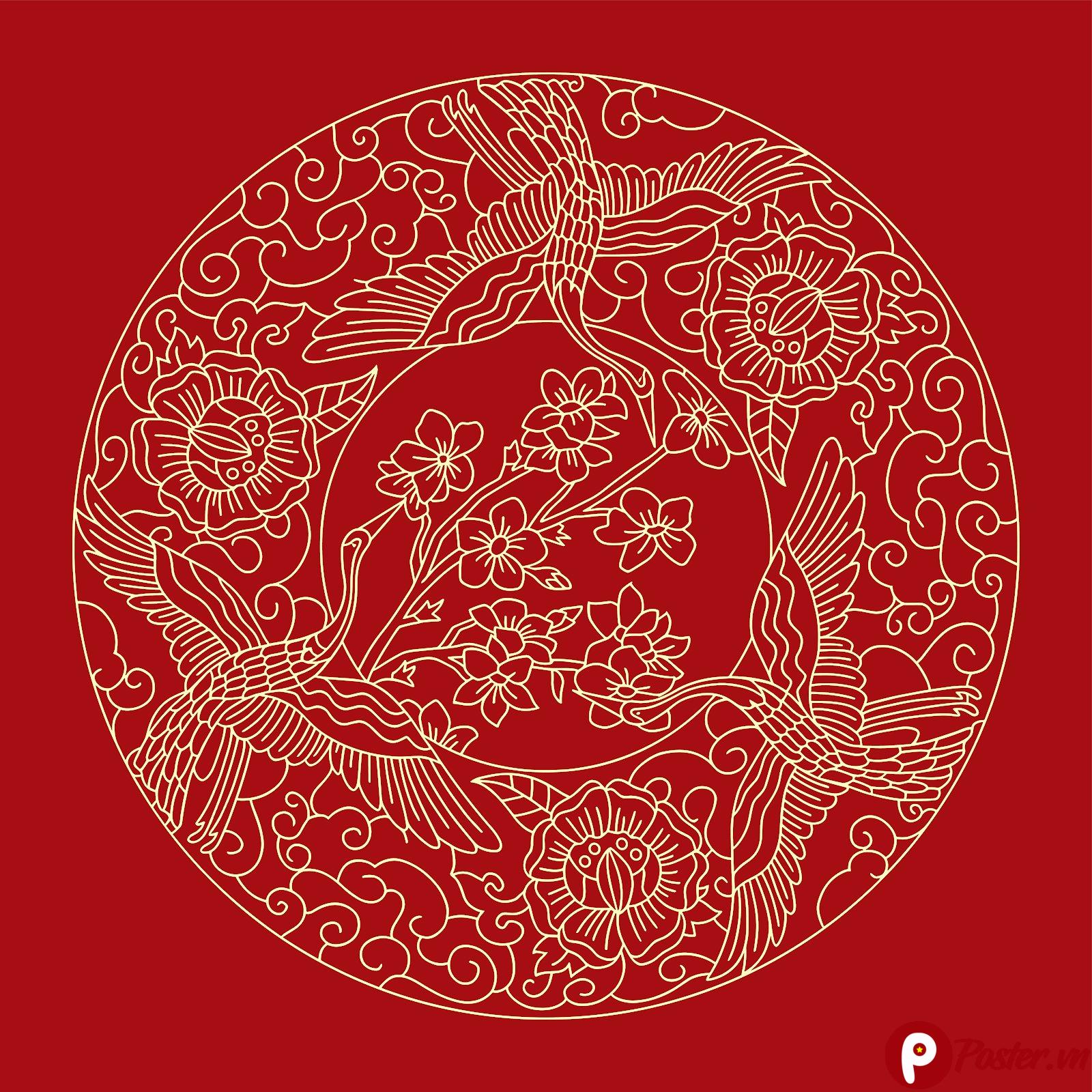 Họa tiết vector hình tròn cổ điển Á Đông với hạc, hoa sen, nền đỏ thẫm và chi tiết vàng kim.