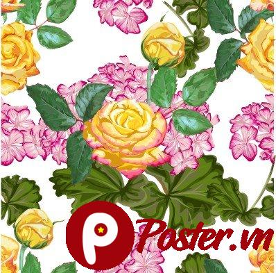 Họa tiết hoa hồng vàng cẩm tú cầu