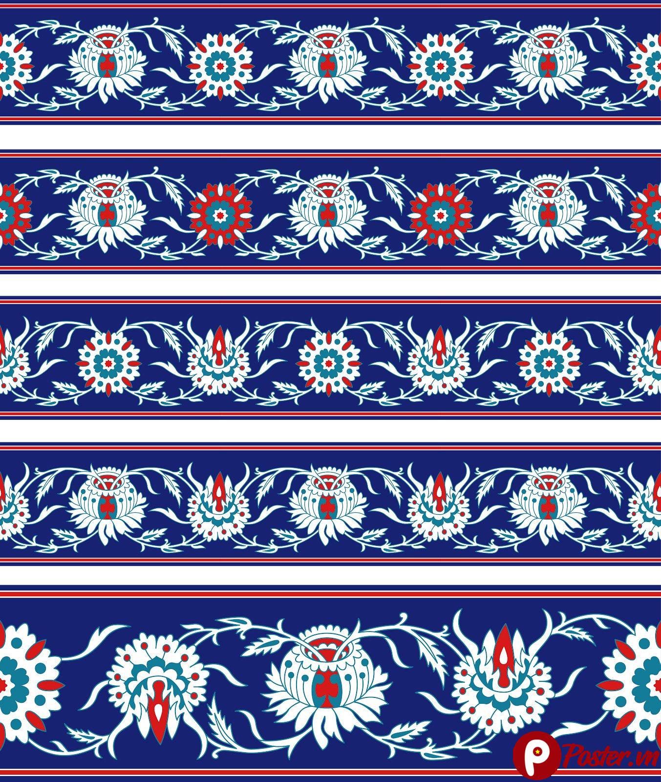 Dải họa tiết Hồi giáo Ottoman cổ điển phong cách gạch Iznik, màu xanh coban, trắng, đỏ, xanh ngọc lam dạng vector EPS.