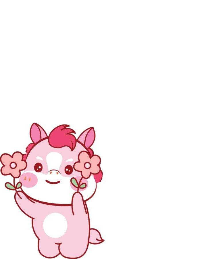 Vector hoạt hình chibi đáng yêu màu hồng với đôi mắt to tròn, má hồng, cầm hai bông hoa trên nền trắng.