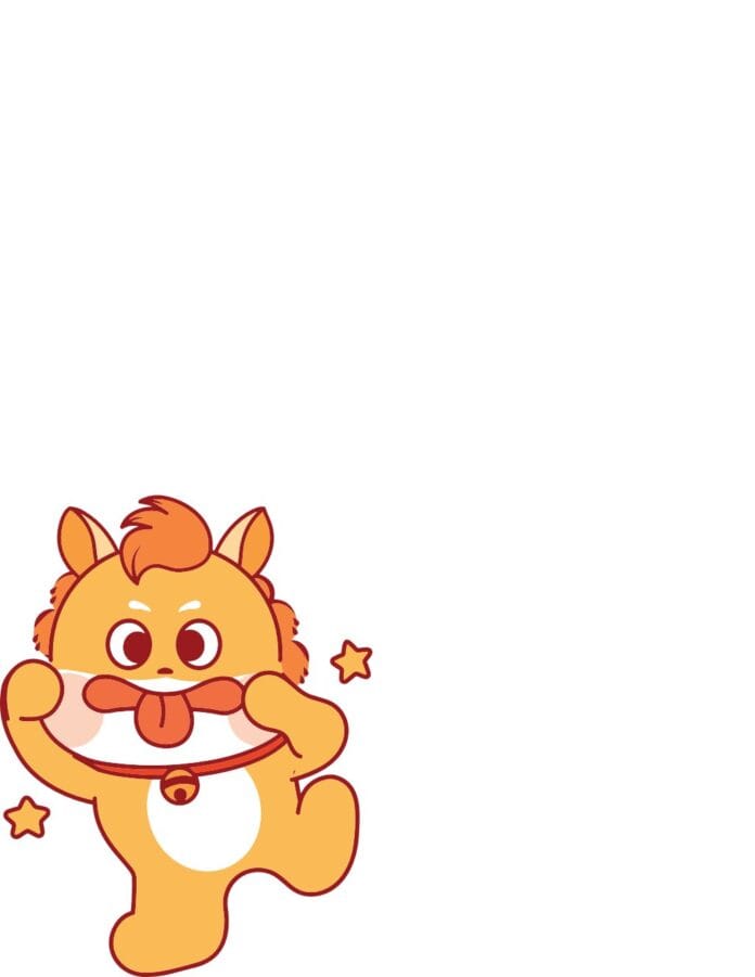 Vector nhân vật hoạt hình chú sư tử/ngựa con màu vàng cam dễ thương trên nền trắng, phong cách chibi, có vòng cổ và chuông vàng.