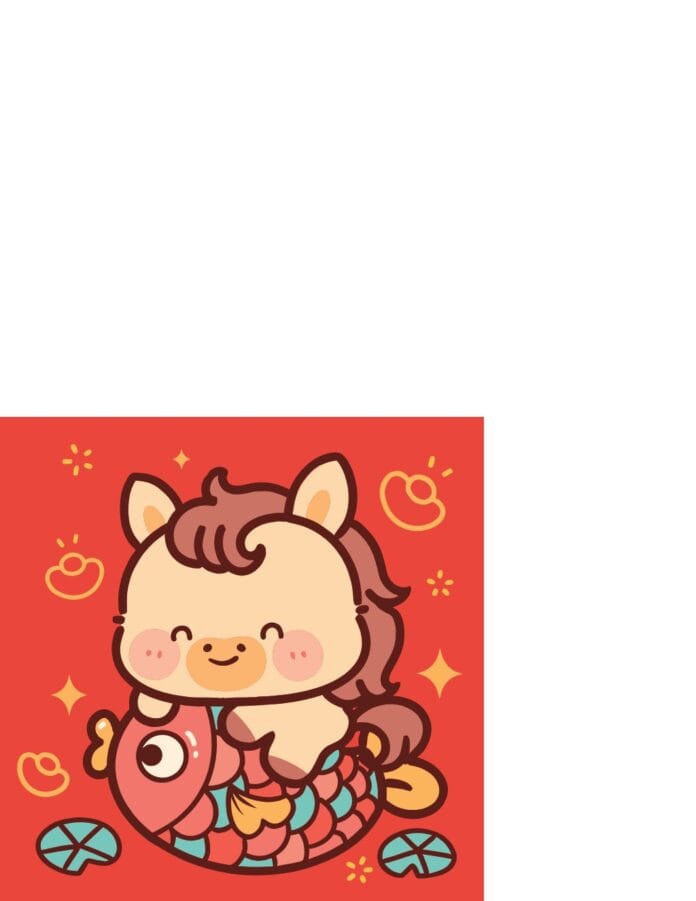 Vector hoạt hình dễ thương linh vật ngựa cưỡi cá may mắn trên nền đỏ rực rỡ mang không khí Tết