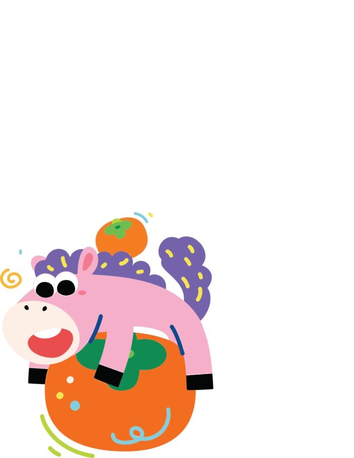 Vector hoạt hình chú ngựa/lừa con màu hồng dễ thương nằm trên quả cam cam tươi, phong cách ngộ nghĩnh, màu sắc rực rỡ và nền trắng.