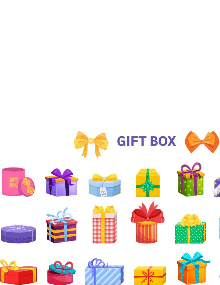 Vector Hộp Quà Đa Sắc Gift Box phong cách hoạt hình tươi sáng với nơ và chữ GIFT BOX