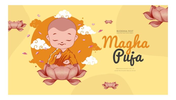 Vector Lễ Magha Puja chú tiểu hoa sen