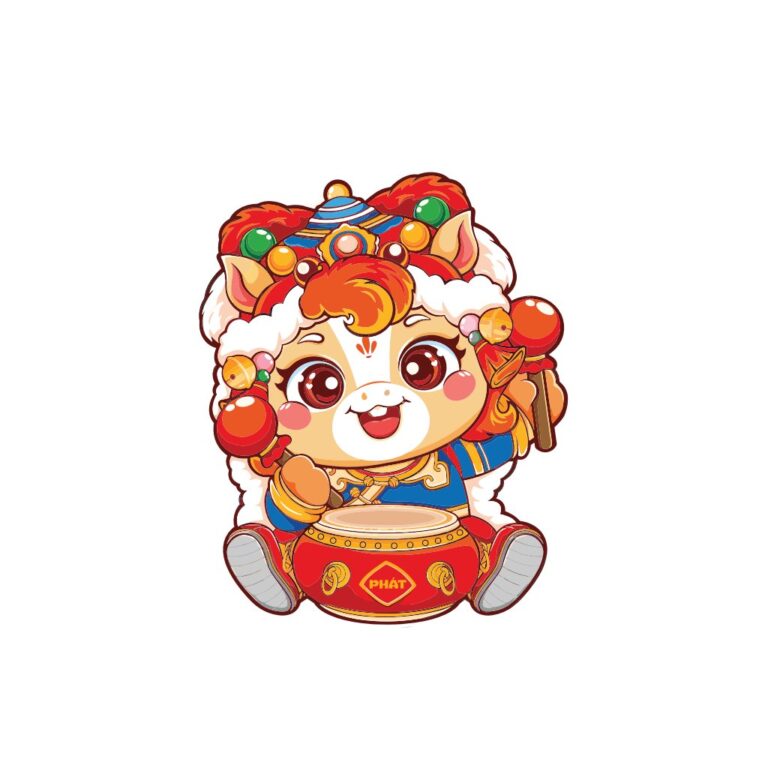 Linh vật chibi đáng yêu phong cách múa lân đánh trống lễ hội với chữ 'PHAT' màu vàng kim.