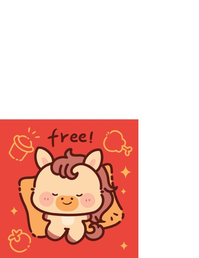 Vector linh vật chibi dễ thương màu kem với bờm nâu, biểu cảm vui vẻ, xung quanh có biểu tượng đồ ăn và chữ 'free!' trên nền đỏ cam. File EPS chất lượng cao.