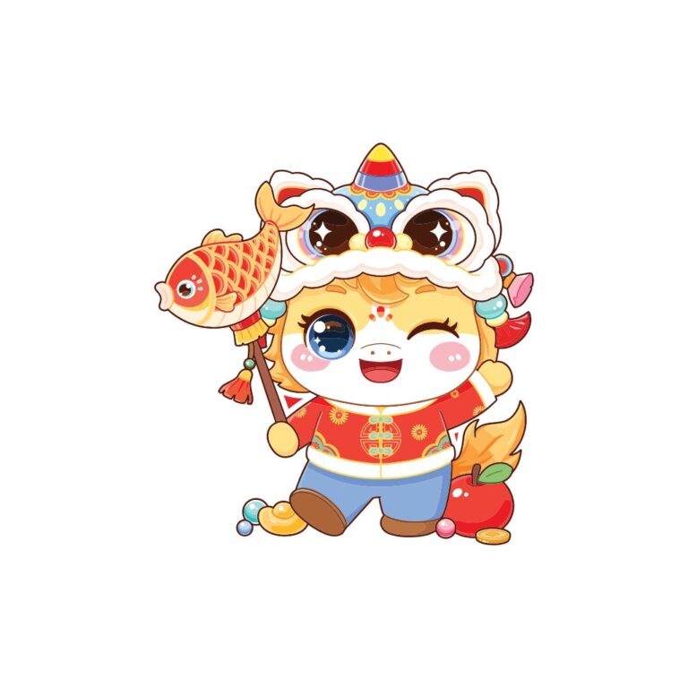 Vector linh vật chibi đáng yêu đón Tết, cầm đèn lồng cá chép, thỏi vàng và táo đỏ, phong cách hoạt hình 2D rực rỡ