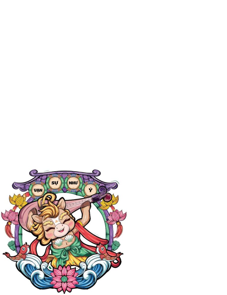 Vector linh vật hoạt hình chibi dễ thương cầm đàn tỳ bà, hoa sen và cá, với lời chúc Vạn Sự Như Ý trên khung vòm truyền thống, màu sắc tươi sáng, phong cách Á Đông.